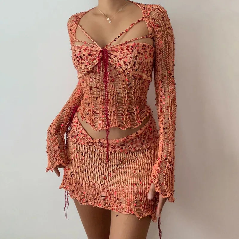 Sexy Sequined Knitted Sweater Party Dresses 3 Piece Skirt Sets Womens Outfits Flare Long Sleeve See Through Clue Wear Dress