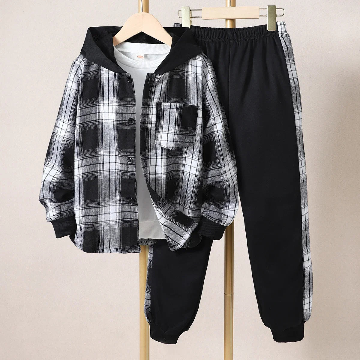 Kids Boys' Autumn Casual Checker Hoodie Set