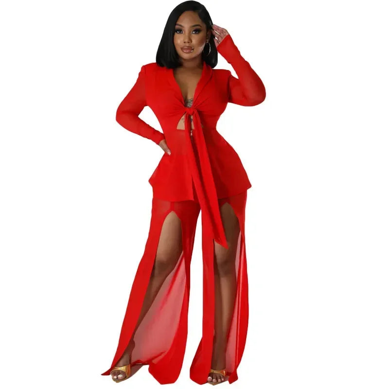 Women Fashion Sexy 2 Piece Set Long Sleeve Lace Up Ribbon Zipper Slim Blazer Tops + Split Wide Leg Pants See Through Mesh Suit
