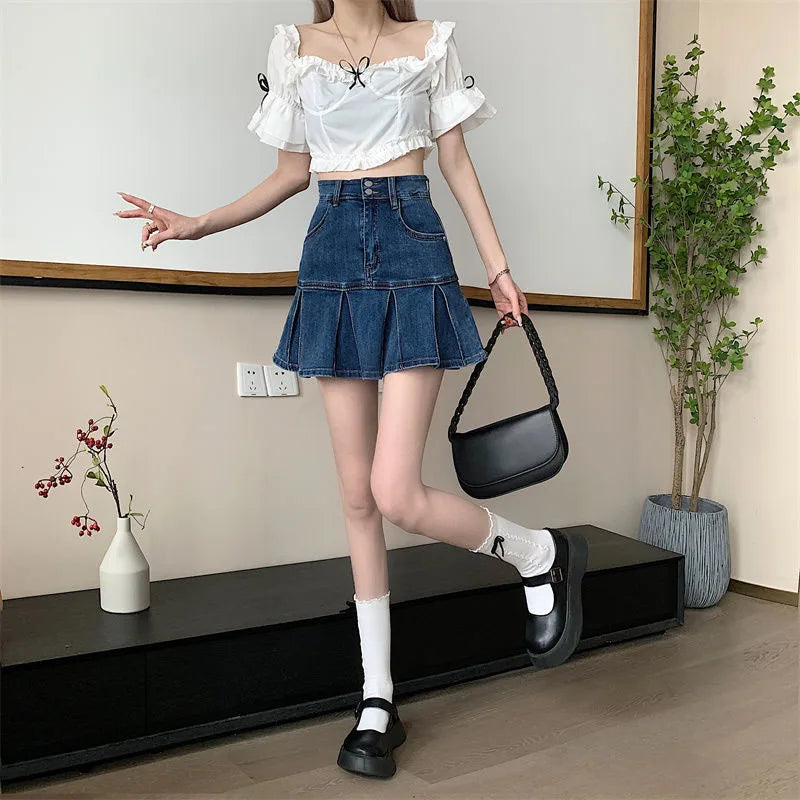 Lucyever Korean Style Women's Mini Denim Skirt Fashion High Waist A-Line Jean Skirts Woman 2025 Summer New Street Pleated Skirts