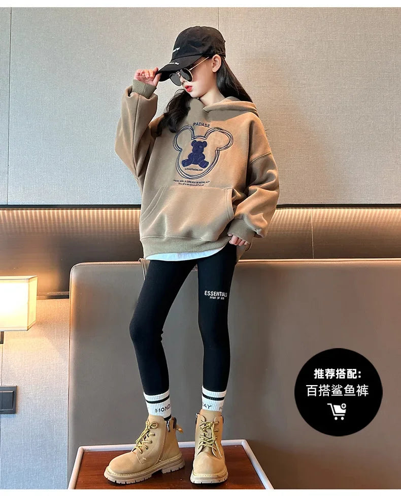 2025 girls clothes autumn winter sweatshirt bear t-shirt hooded + stretch pants leggings teens children set 8 9 10 11 12 year