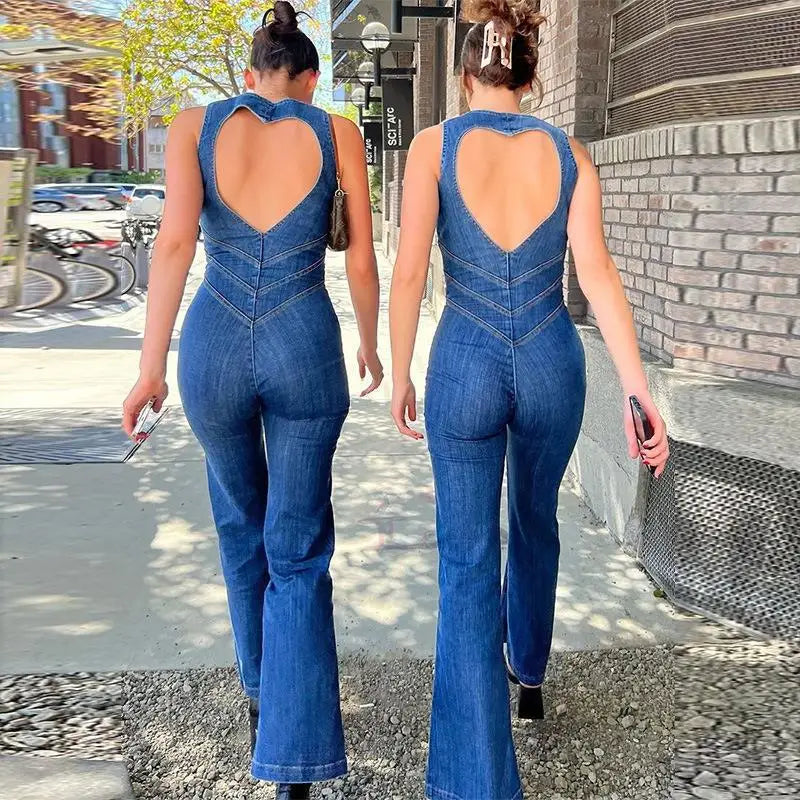 2025 New Women's Spring Summer Sexy Sleeveless Backless High Waisted Micro Flared Denim Jumpsuit