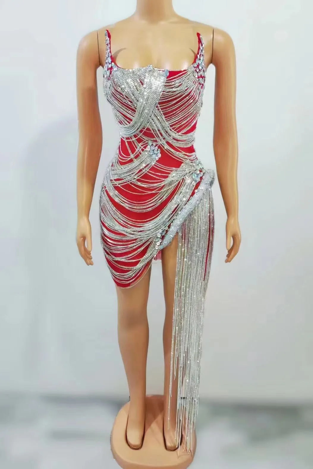 STOCK Sparkly Rhinestone Fringe Dress Women Sexy Birthday Wedding Party Prom Drag Queen Costume Outfit Stage Wear Festival
