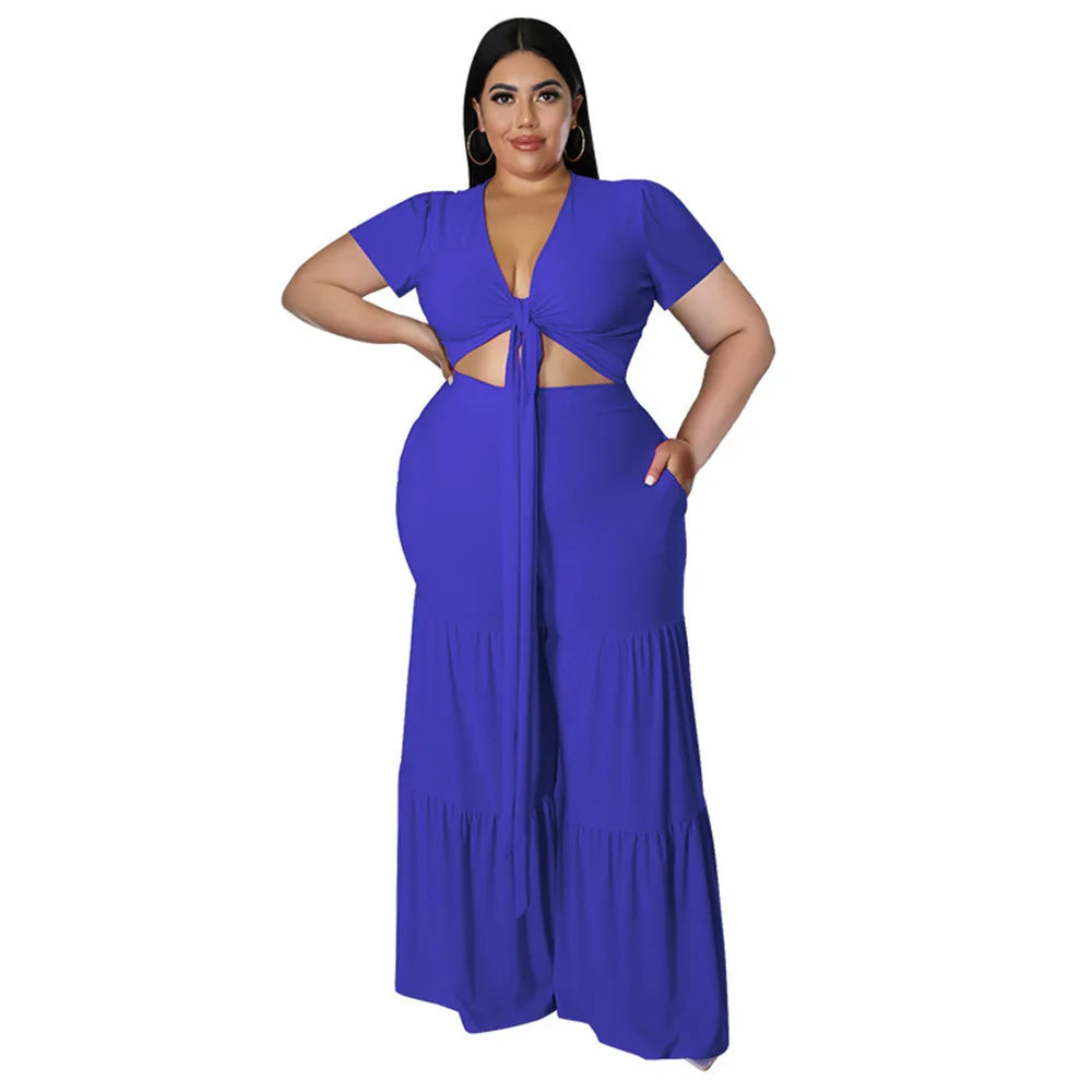 Wmstar Plus Size Pants Sets Two Piece Outfits Summer Holiday Solid Bandage Top Wide Leg New Matching Suit Wholesale Dropshipping