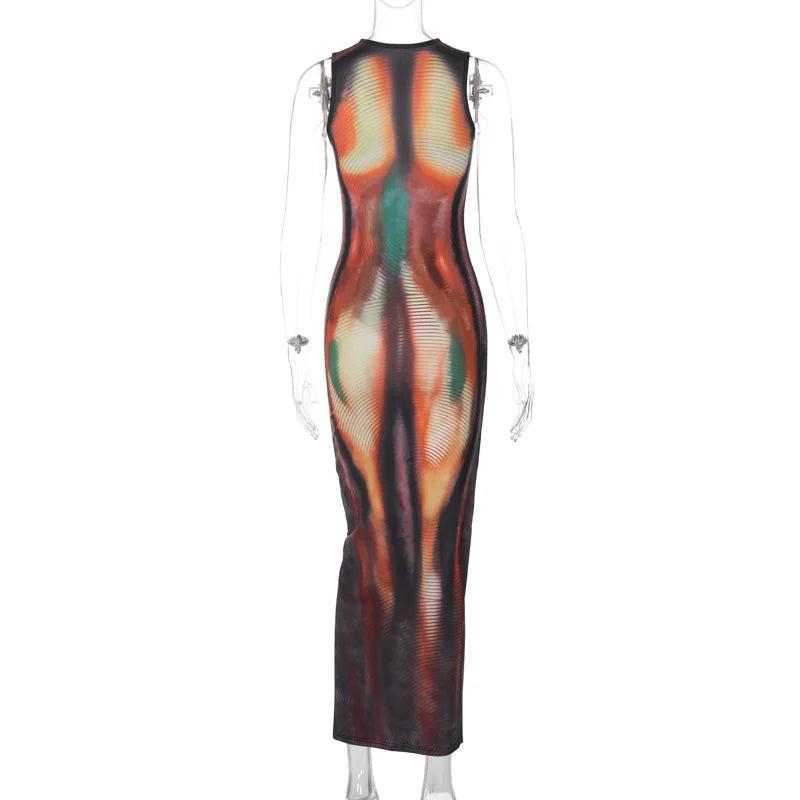 Summer 2024 Y2K Print Sexy Evening Party Club Birthday Maxi Dress for Women Bodycon Sleeveless Long Dresses Outfits Streetwear