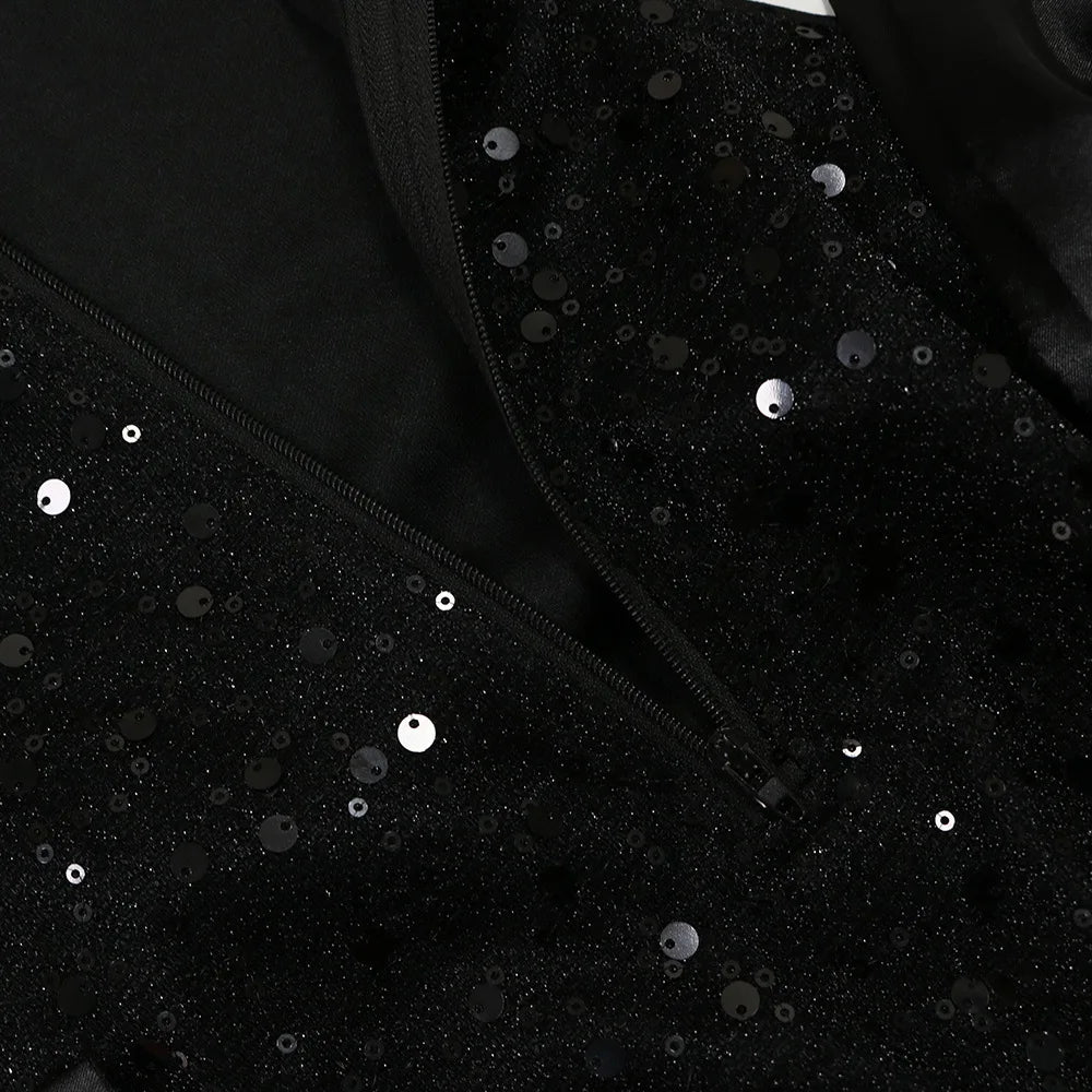 FAGADOER Bow Patchwork Bodycon Birthday Party Mini Sequined Dress Black Sexy Side Hollow Halter Tassel Night Clubwear 2024 New