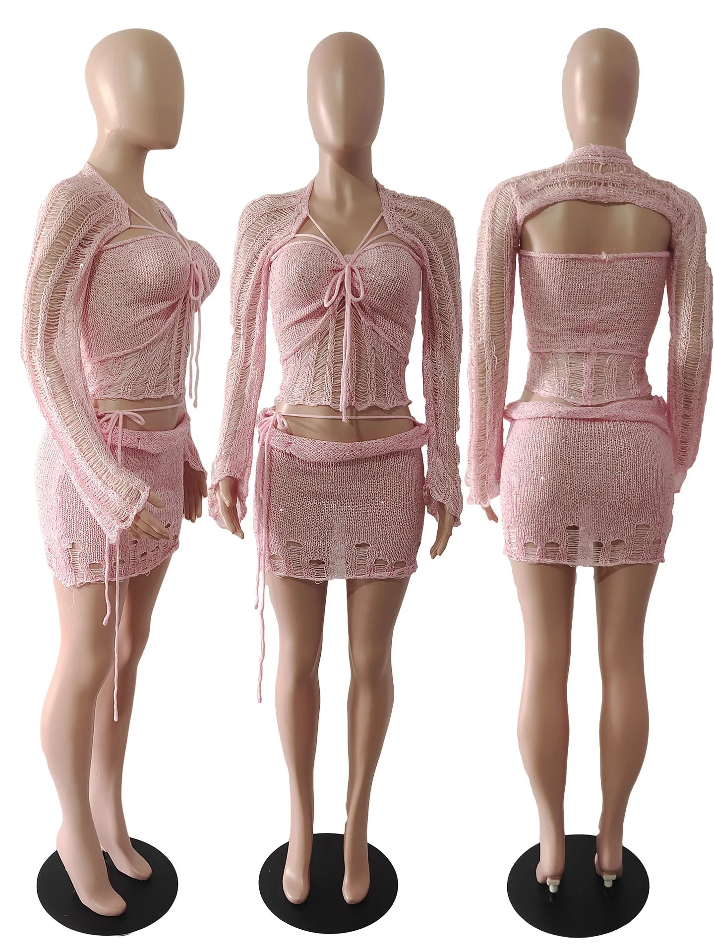 Sexy Sequined Knitted Sweater Party Dresses 3 Piece Skirt Sets Womens Outfits Flare Long Sleeve See Through Clue Wear Dress