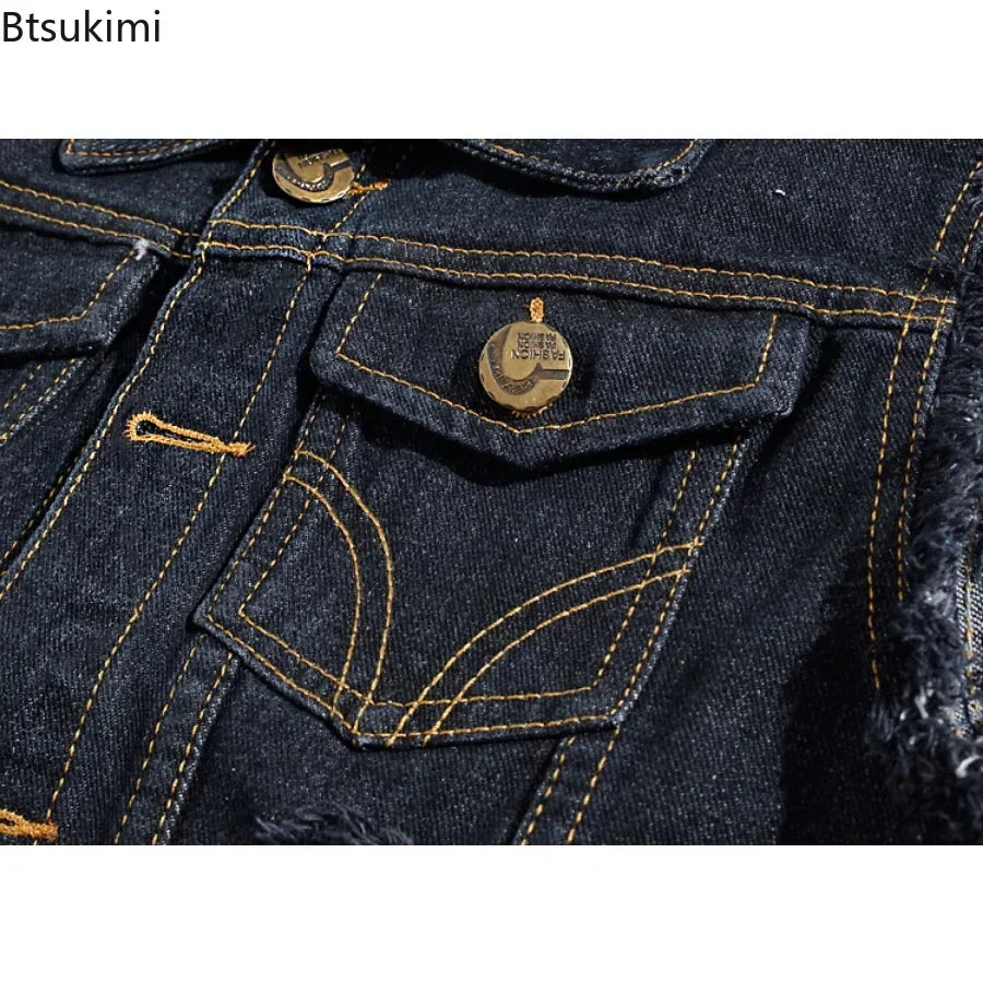 2025 Men's Fashion Jeans Sleeveless Jacket Vest Male Black Blue Denim Jeans Vest Man Cowboy Outdoors Waistcoat Mens Jacket Vest