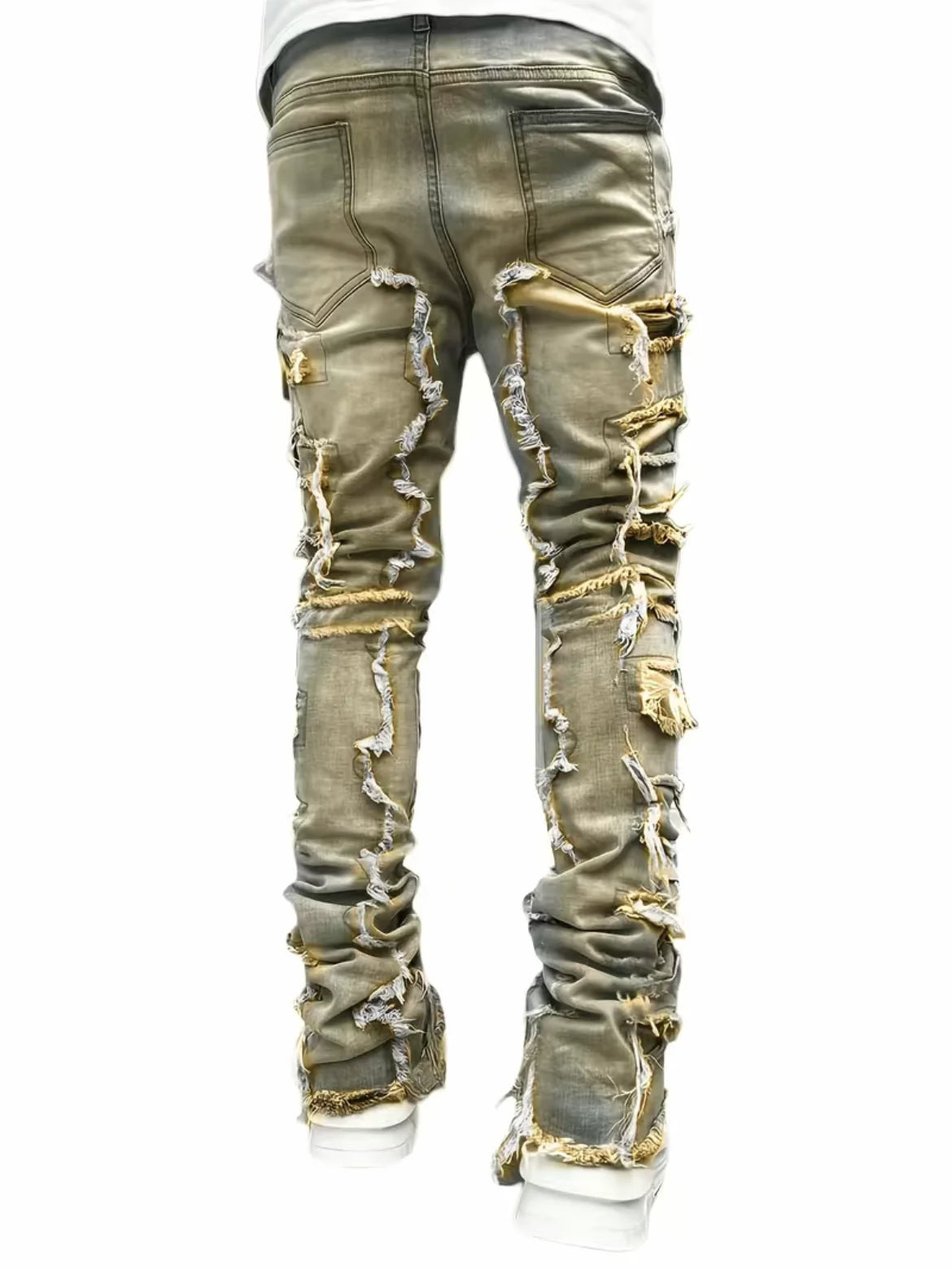 New Fashion Stretch Jeans Man Stacked Jeans Elastic Waist Straight Fit Patchworks Denim Long Pants Fringe Ripped Jeans For Men