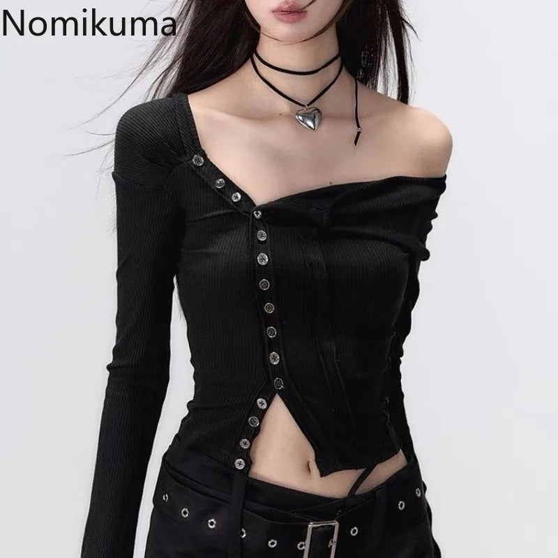 Black Tshirts Women Clothes Long Sleeve Slash Neck Tunic Tees 2025 Ropa Mujer Single Breasted Sexy Korean Y2k T Shirt Ropa Mujer