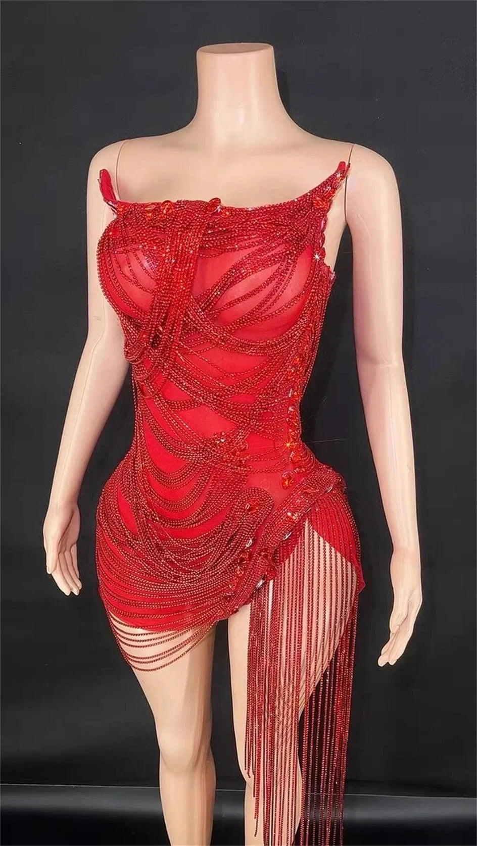 STOCK Sparkly Rhinestone Fringe Dress Women Sexy Birthday Wedding Party Prom Drag Queen Costume Outfit Stage Wear Festival