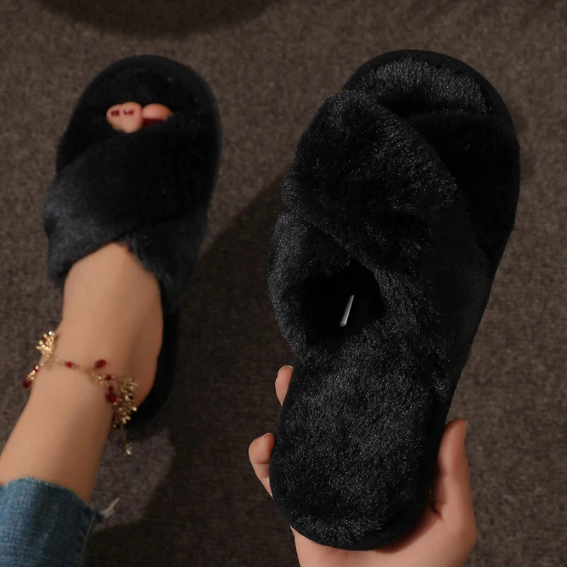 CrissCross Band Plush House Slippers for Women