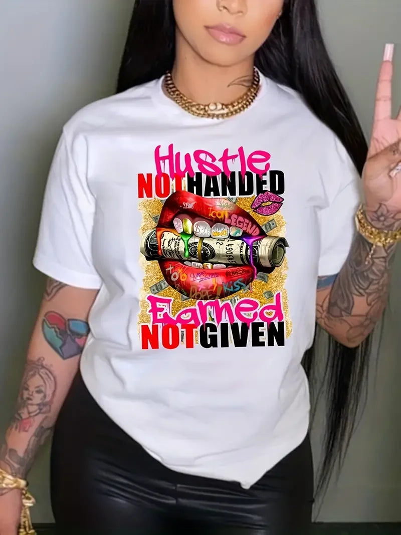 Plus Size Slogan & Lip Print Short Sleeve T-shirt Women's Plus Medium Stretch Casual Tee