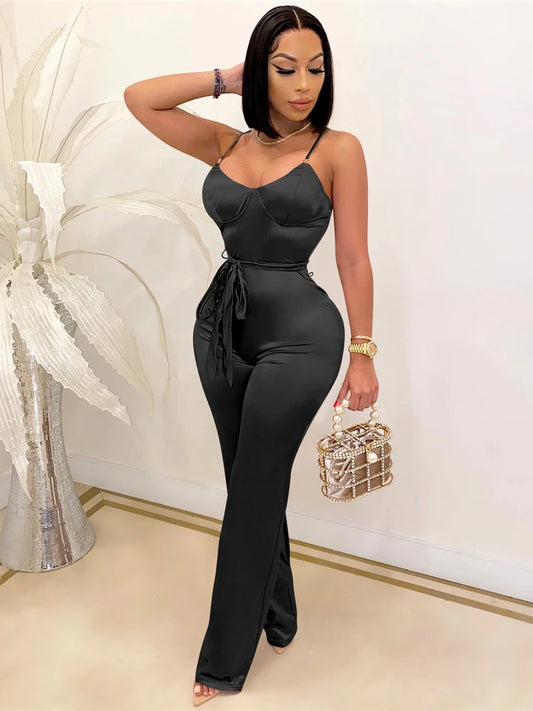 HBLL Women's Sexy Jumpsuits Clubwear Elegant Party Rompers High Waisted Wide Leg Pants One Piece Sleeveless Jumpsuit with Belt