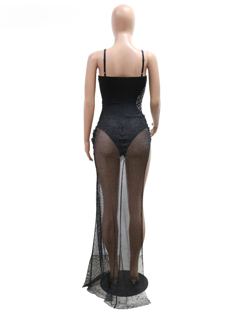 Luxury Irregular Lace Rhinestone Fish Bone Mesh Spaghetti Strips Slim Split Long Party Women Sexy Birthday Wedding Guest Dress