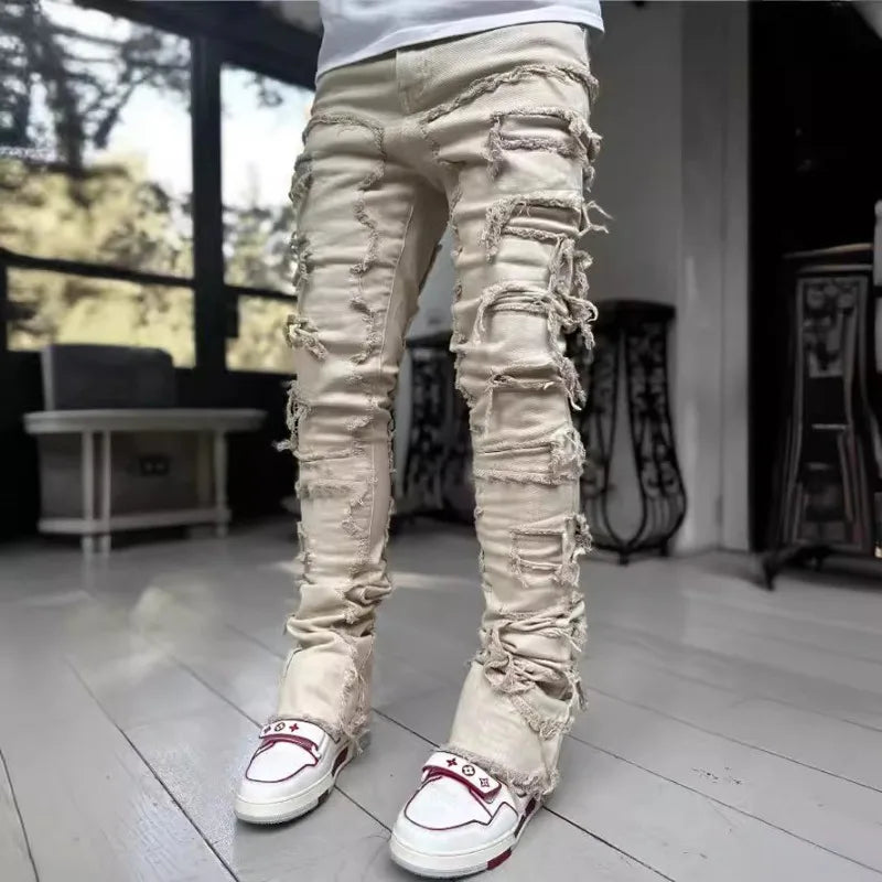 2024 Spring Summer New Men's Clothing Fashion Solid Color Elastic Patch Denim Straight-Leg Pants Jeans