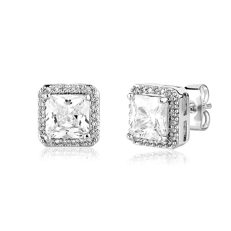 1 Pair Hip Hop 3A+ CZ Stone Pave Bling Ice Out Geometric Square Stud Earrings for Men Rapper Jewelry Gold Silver Color