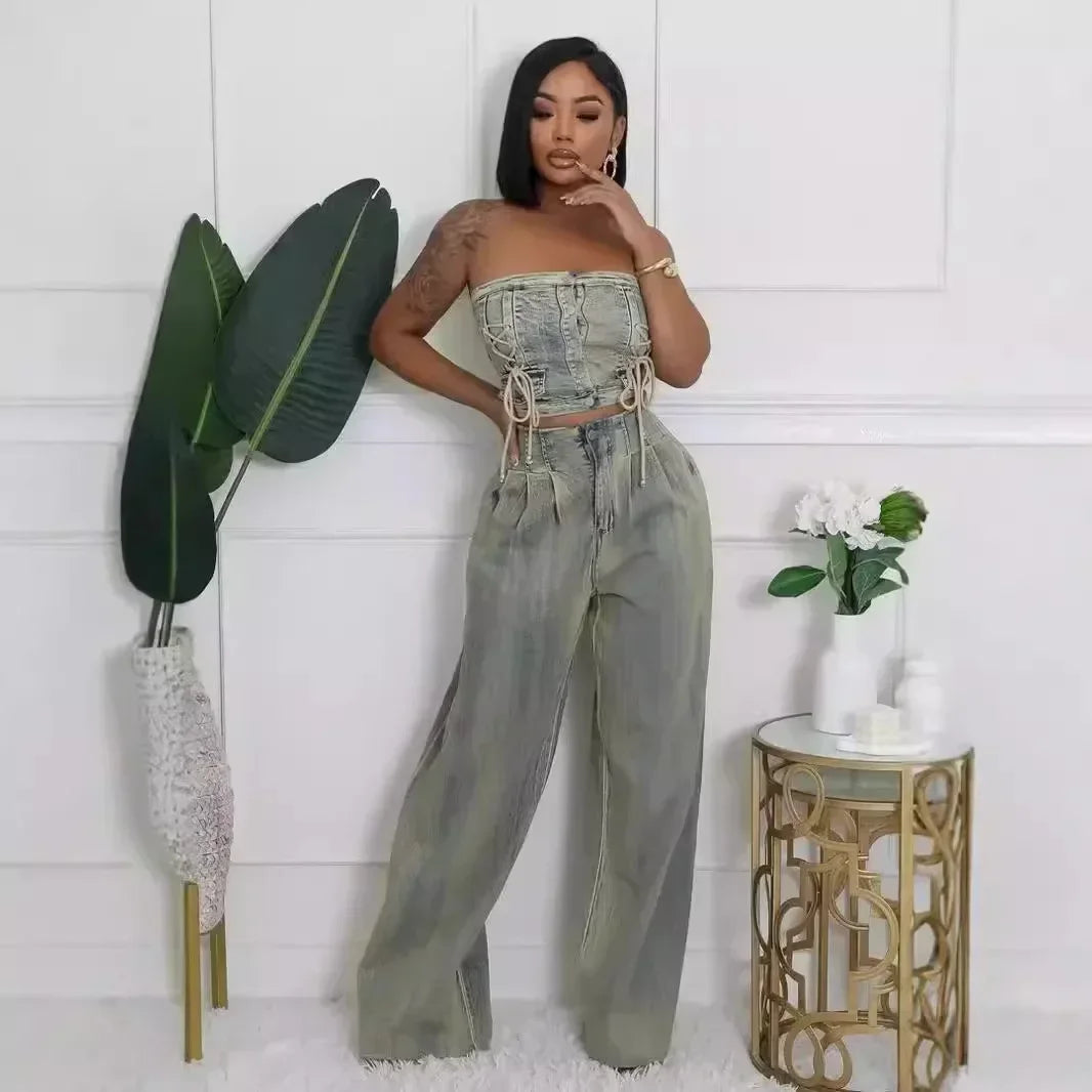 Leosoxs Denim Women's Set Sleeveless Strapless Top +Loose Jeans Pants 2024 Fall Lace Up Street Two 2 Piece Set Outfits Tracksuit