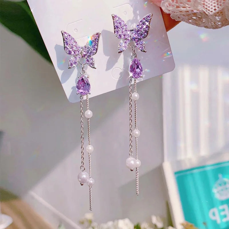 New Luxury Women Zircon Crystal Pearls Long Tassel Butterfly Earrings
