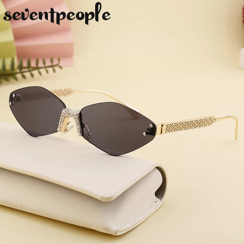 Small Metal Frame Hexagon Rimless Sunglasses Women 2025 Luxury Brand Design Polygon Sun Glasses For Ladies Retro Eyewear Shades