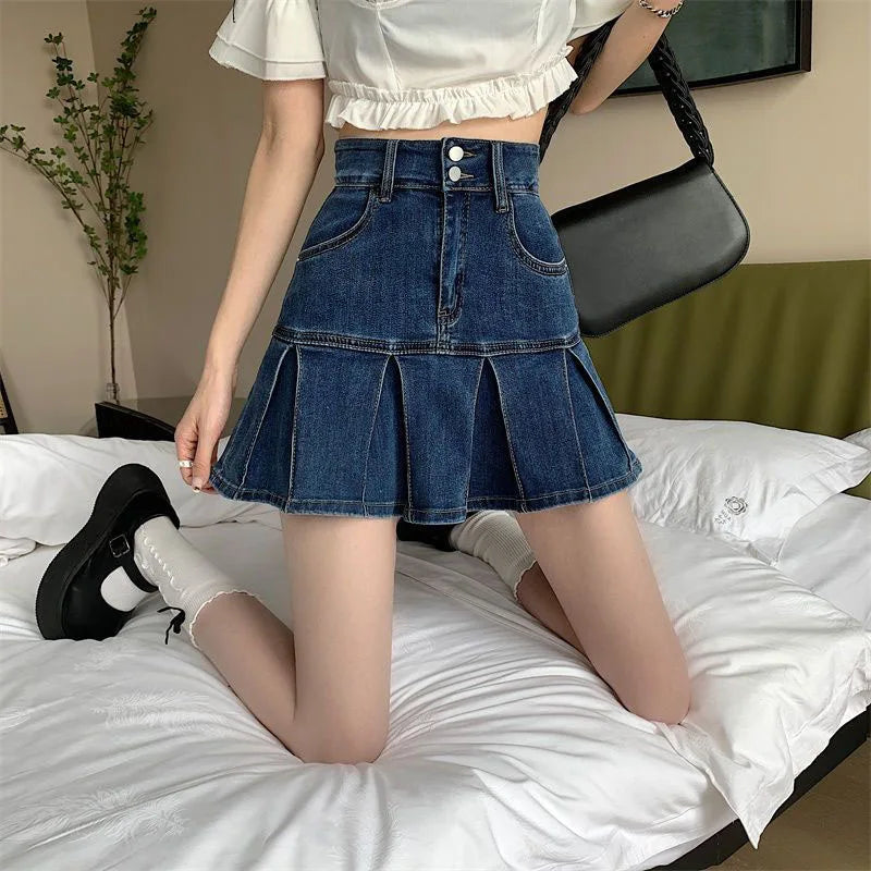 Lucyever Korean Style Women's Mini Denim Skirt Fashion High Waist A-Line Jean Skirts Woman 2025 Summer New Street Pleated Skirts