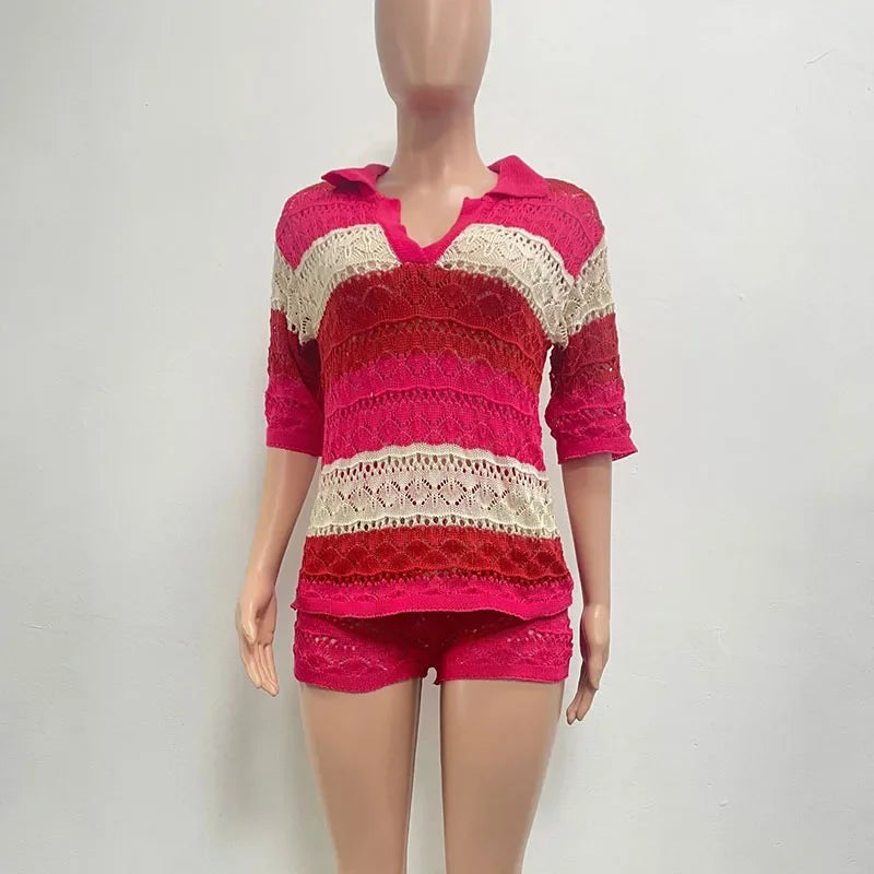 Striped Knitted Two Piece Sets for Women Shorts Summer V-neck Loose Top and Short Set Holiday Outfits Womens 2 Piece Outfit Set