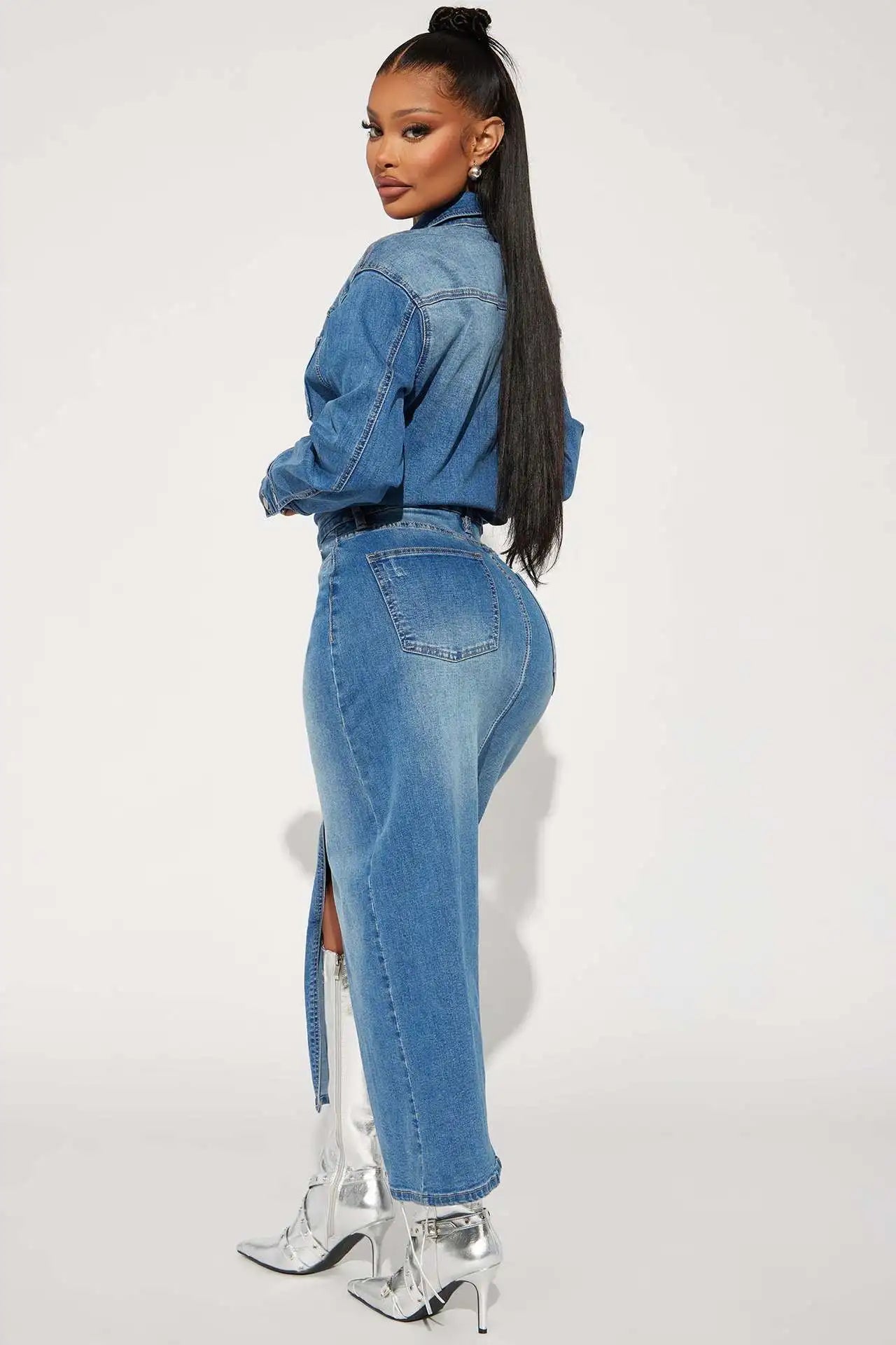 Spring Sexy Split Maxi Dress Fashion Lady Club Streetwear Jean Dress