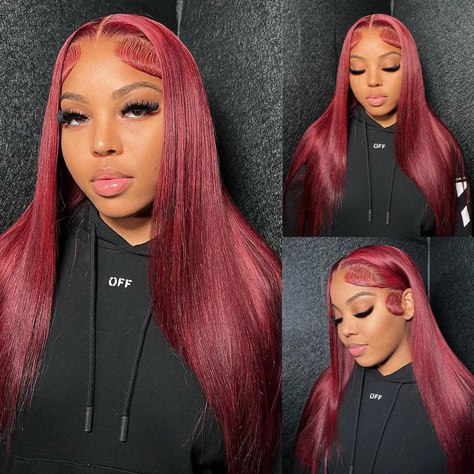 Straight 13x4 13x6 HD Lace Front Human Hair Wig 99J Red Burgundy Colored HD Transparent PrePlucked Lace Frontal Human Hair Wigs