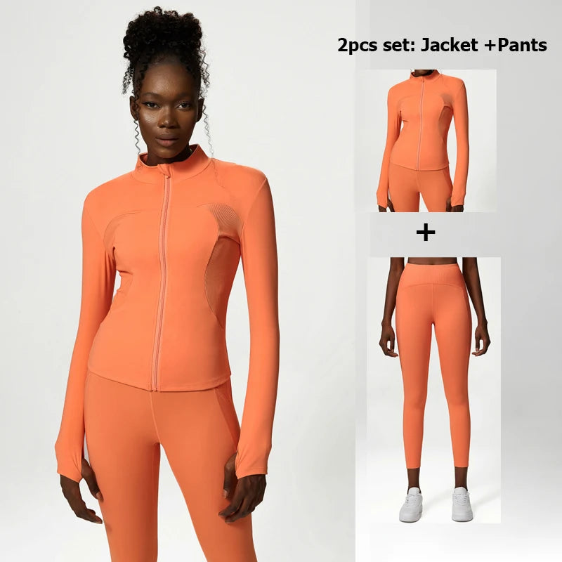 2/3 Pieces Fitness Yoga Set Women Solid Color Stretch Athletic Suit Sexy Bra Zipper Jacket High Waist Leggings Female Sportswear