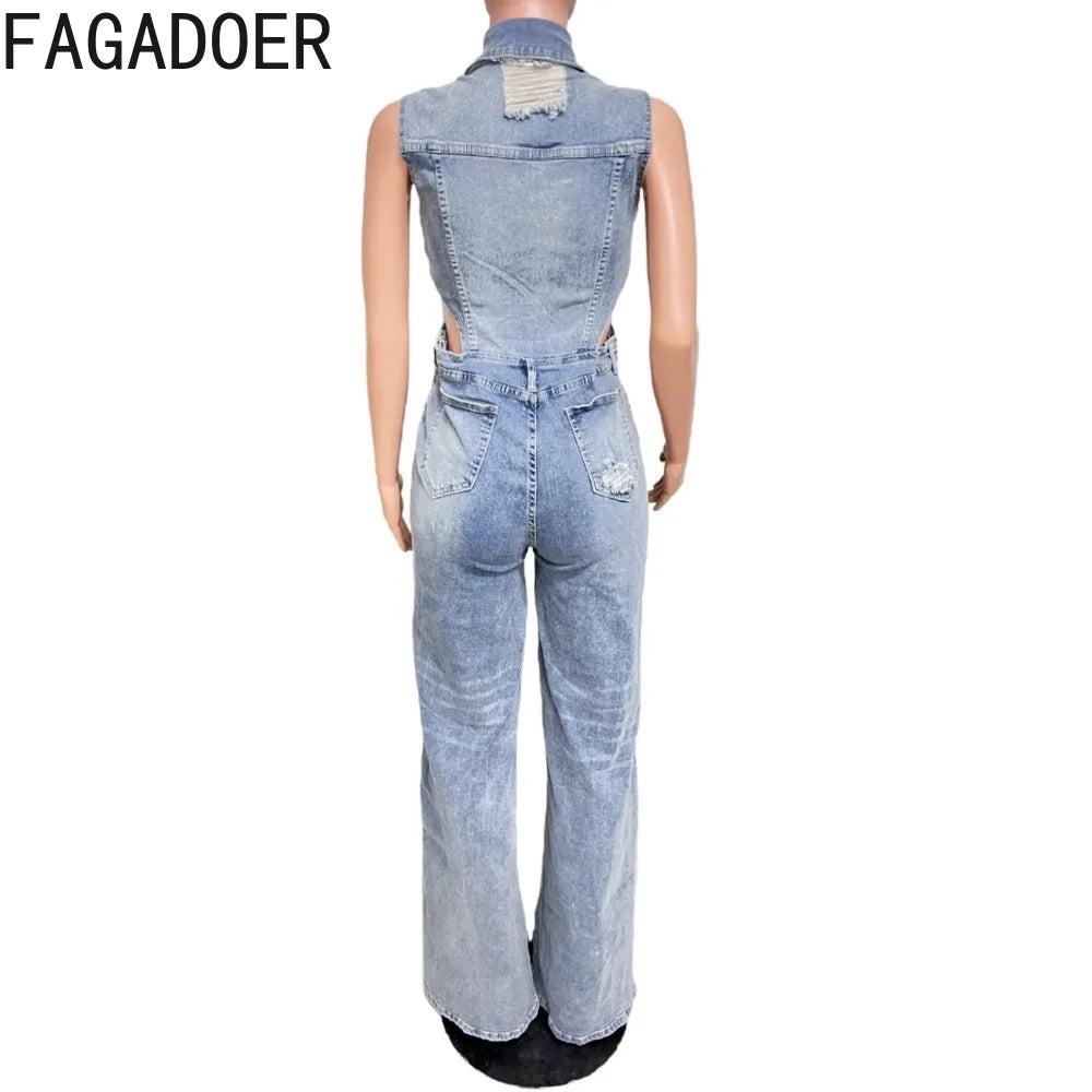 FAGADOER Y2k Retro Denim One Pieces Jumpsuit Women High Quality Stretchy Wide Leg Jean Rompers Side Hollow Streetwear Overalls