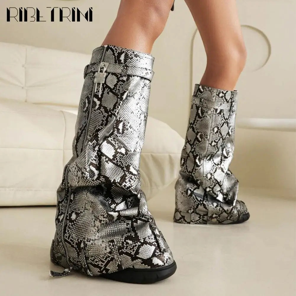 Platform Women Fold Over Mid Calf Padlock Metal Platform Shoes