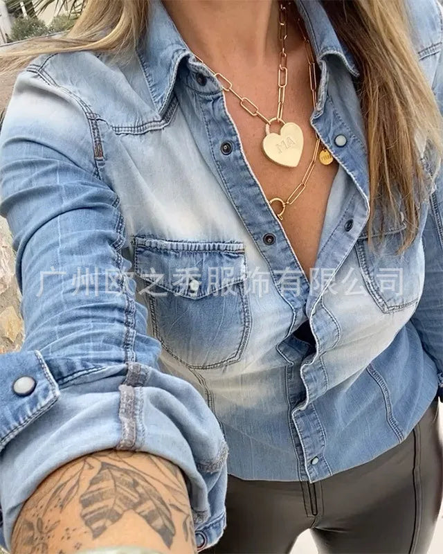 Shirt for Women Autumn Blouses Denim Single Breasted Spring Blue Casual Loose Work Shirts Slim Fit Sexy Elegant Y2k Tops 2025