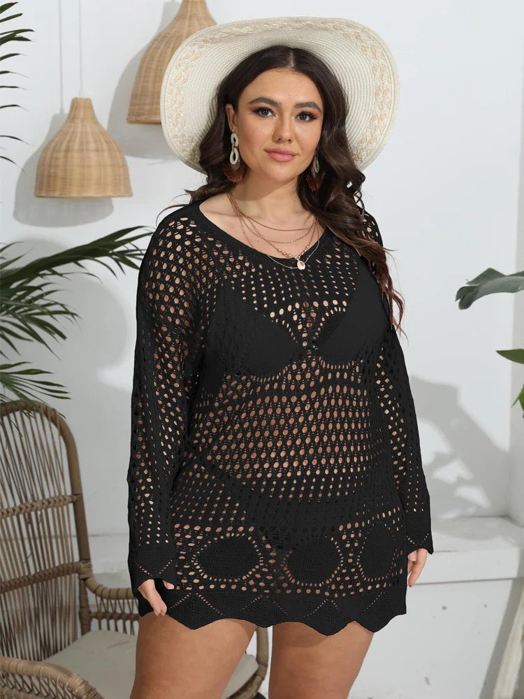 GIBSIE Plus Size 2023 Bikini Cover Up For Women Summer Sexy See Through Hollow Out Long Sleeve Holiday Knitted Beach Tunic Dress