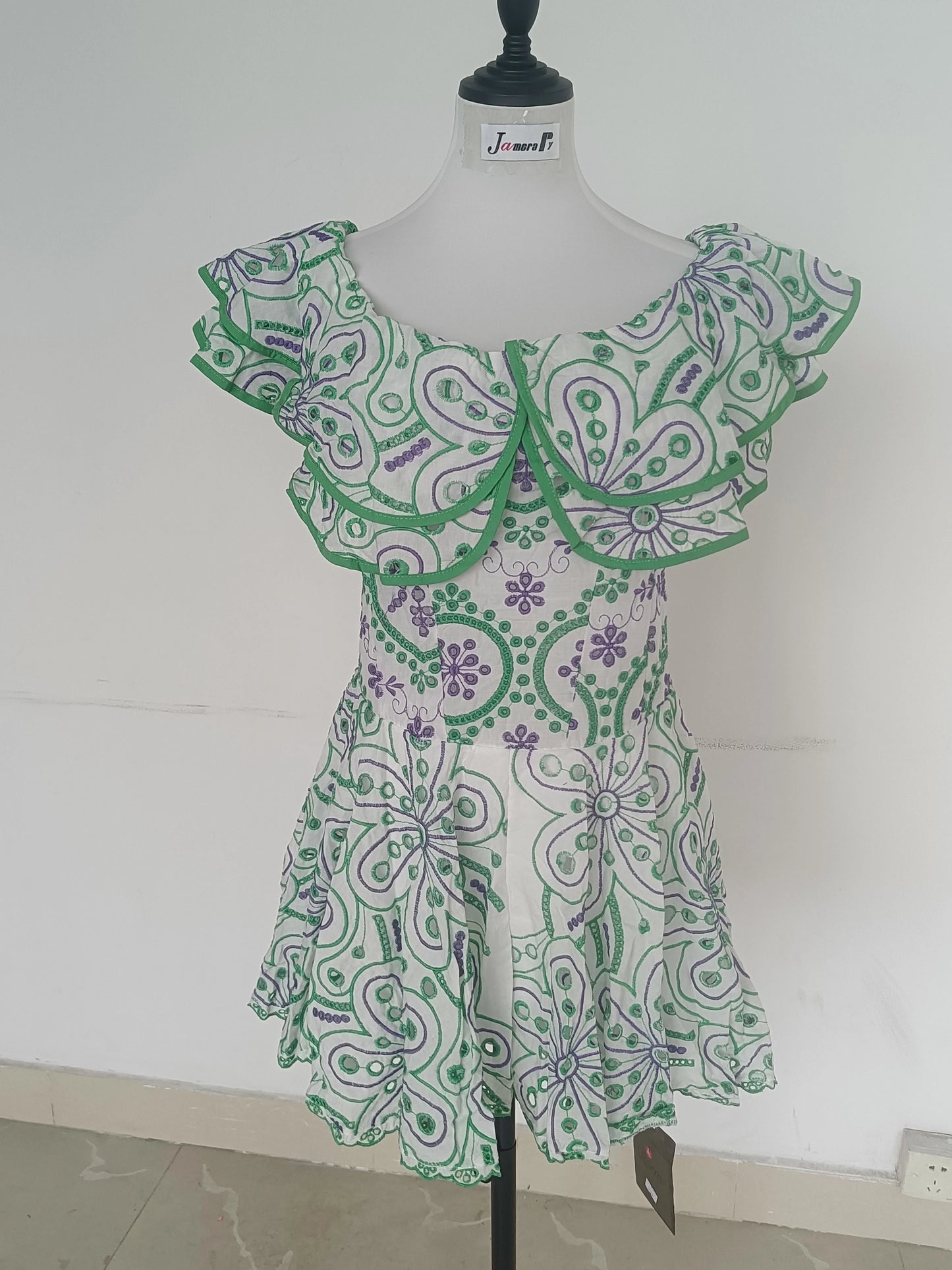 JAMERARY Women Dress Summer Runway Cut Out Double Layer Ruffles Embroidery Elastic Waist Short Party Vestidos Holiday Beach Wear