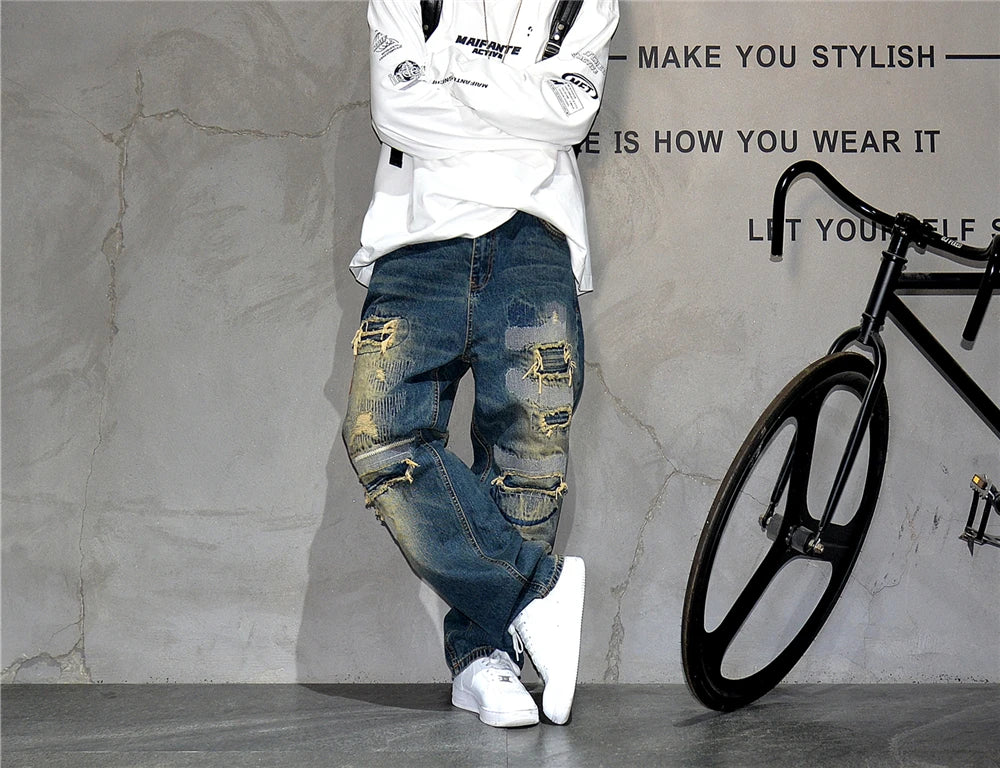 American Streetwear Ripped Patch Jeans Hip Hop Baggy Jeans Mens Clothing Vintage Denim Cargo Pants Japanese Harajuku Trousers