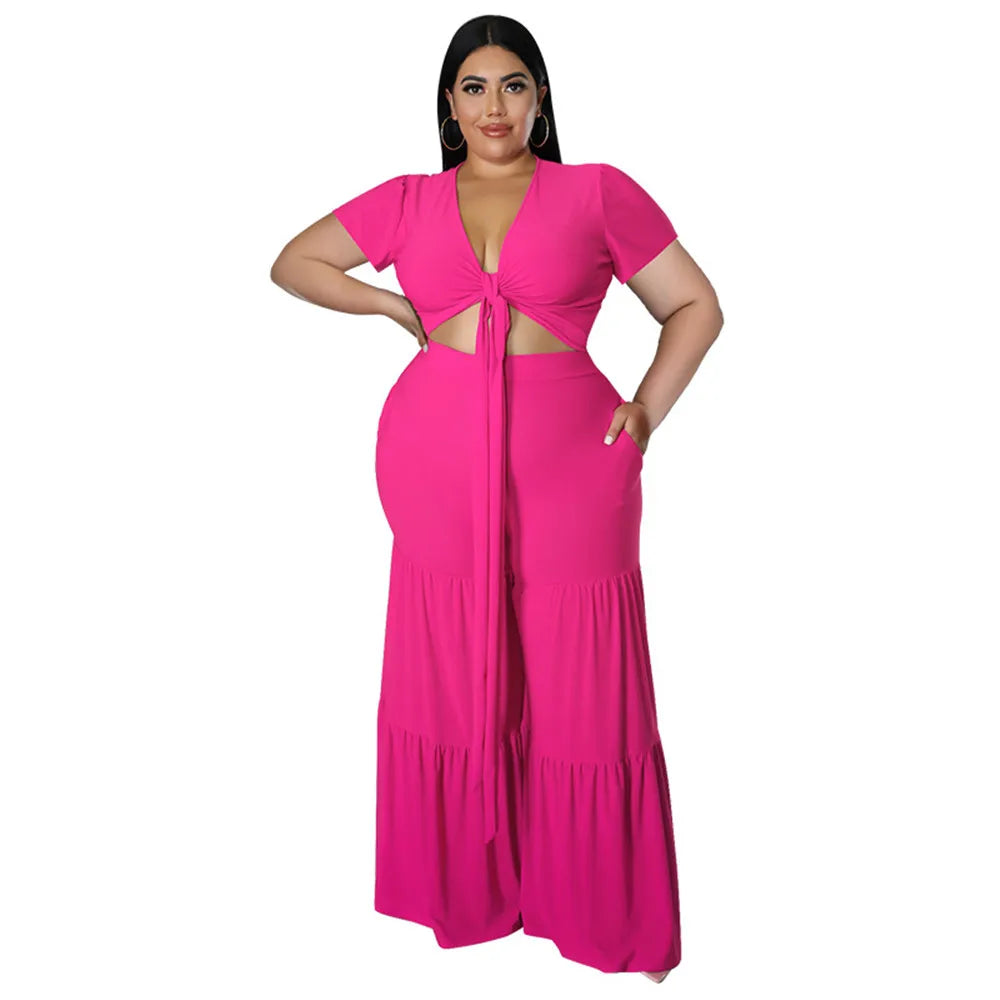Wmstar Plus Size Pants Sets Two Piece Outfits Summer Holiday Solid Bandage Top Wide Leg New Matching Suit Wholesale Dropshipping