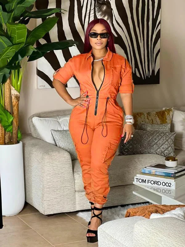 CM.YAYA Women Safari Style Short Sleeve Zipper Fly Pocket Side INS Zipper Fly Jumpsuit Fashion Casual One Piece Suit Playsuit