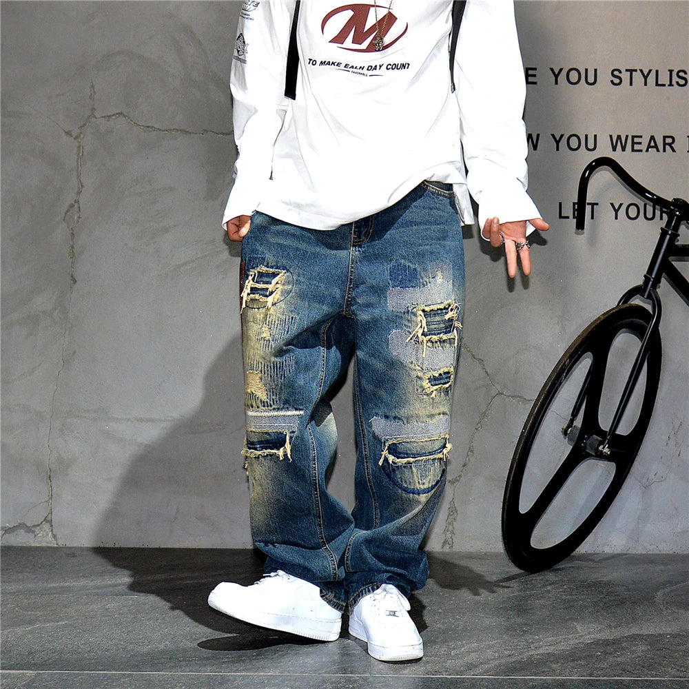 American Streetwear Ripped Patch Jeans Hip Hop Baggy Jeans Mens Clothing Vintage Denim Cargo Pants Japanese Harajuku Trousers