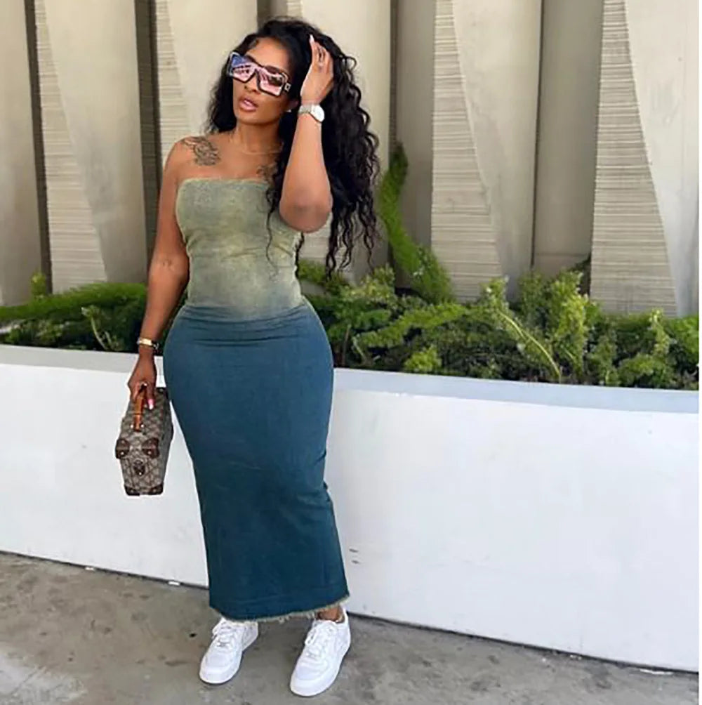 Summer Gradient Women's Denim Dress Fashion Corset Sleeveless Sexy Backless Slim Women's Slit Long Dresses Stretch Jeans Vestido
