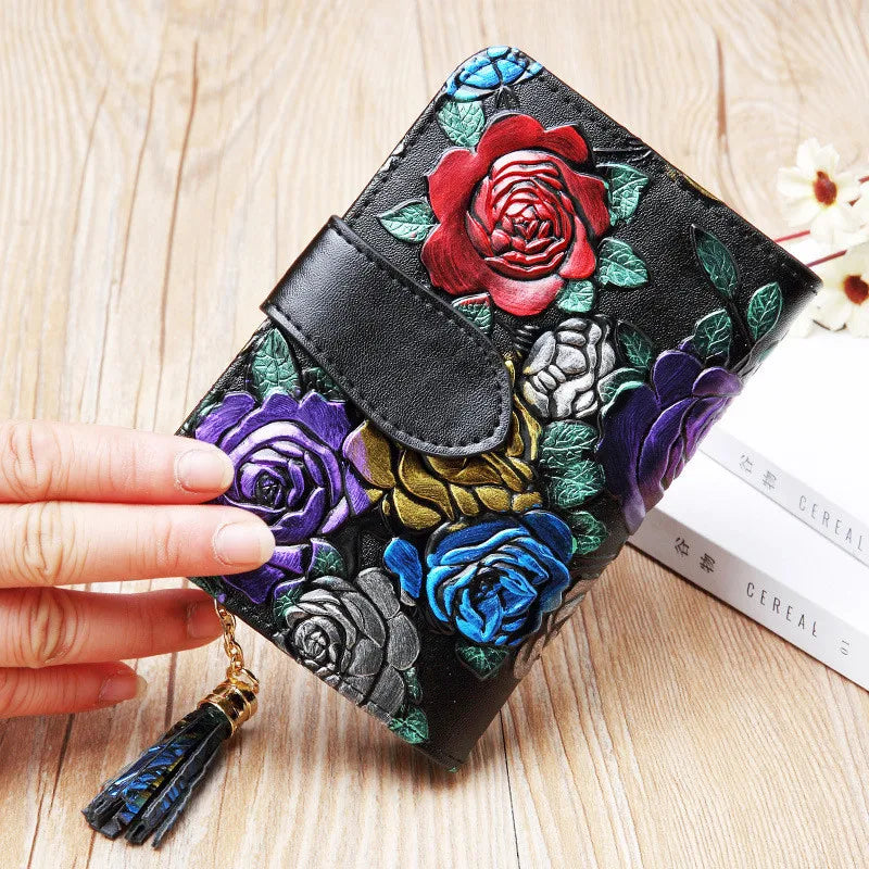 Floral Purse Short Women 2025 New Small Wallet Women Cards and Coins Cow Leather Purse Bag
