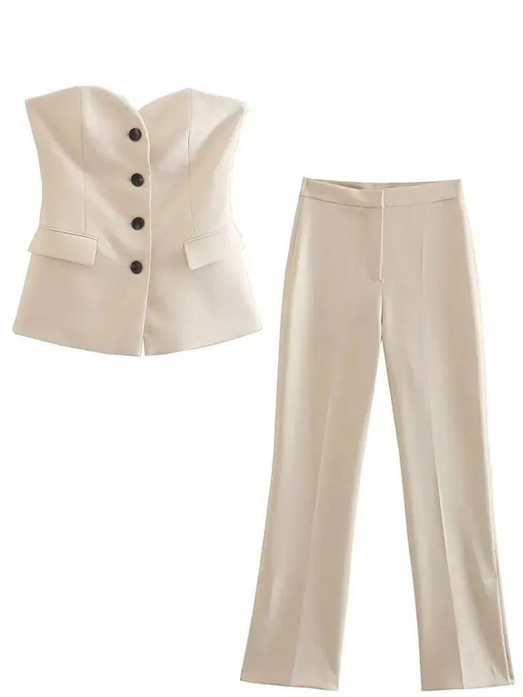 Women Elegant Pant Suit Strapless Top Side Slit Trouser