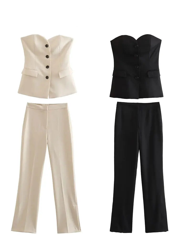 Women Elegant Pant Suit Strapless Top Side Slit Trouser
