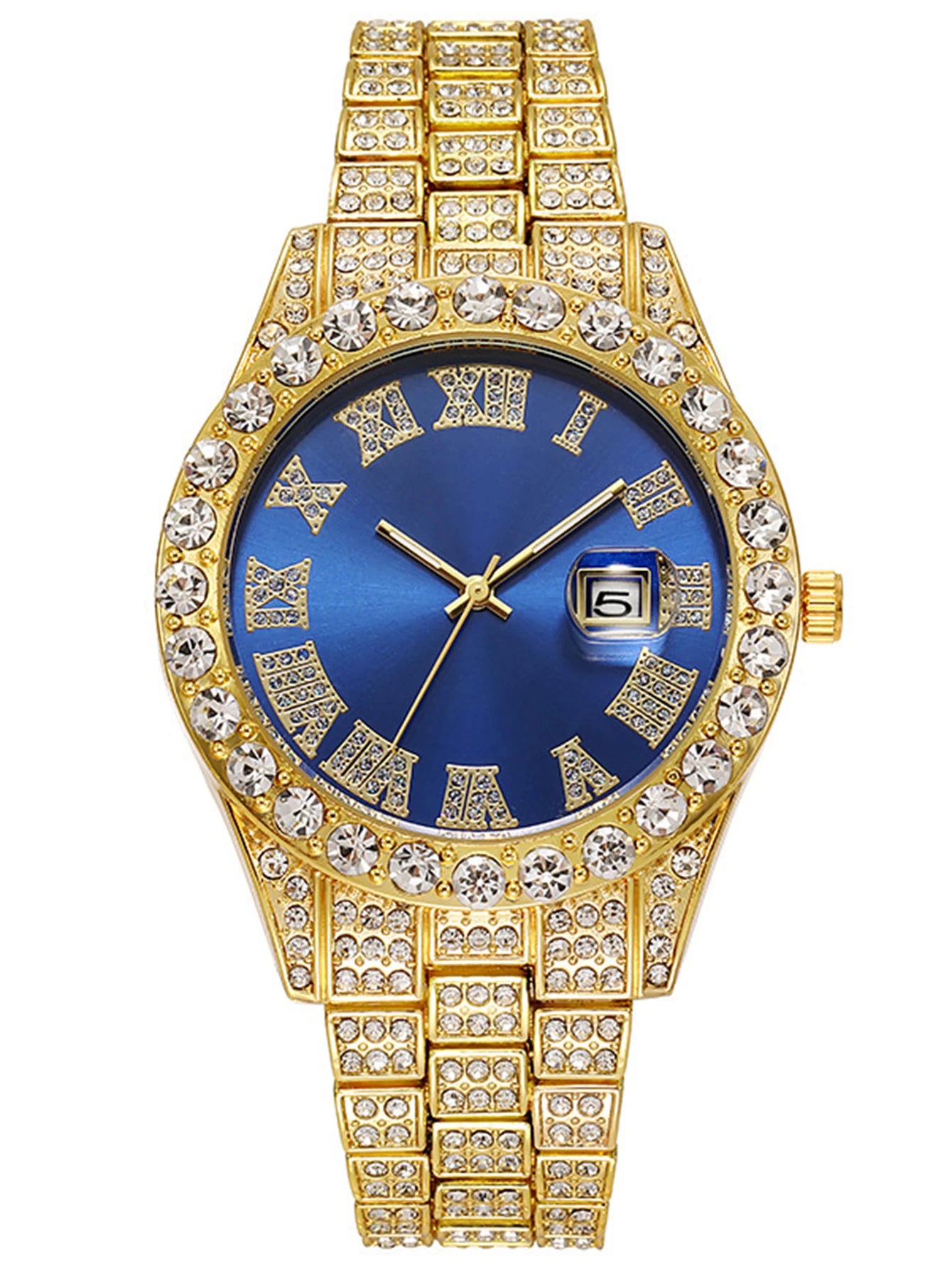 3PCS Luxury Watch With Calendar And Hip Hop Cuban Necklace bracelet set