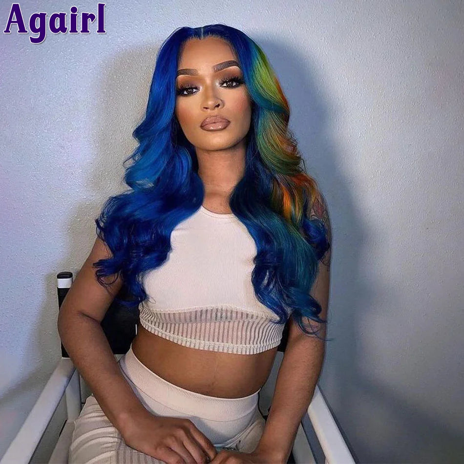 Multi Colored Lace Front Wig Body Wave Human Hair Blue With Red Green Highlight 6X4 Lace Closure Wigs For Women Pre Plucked 180%