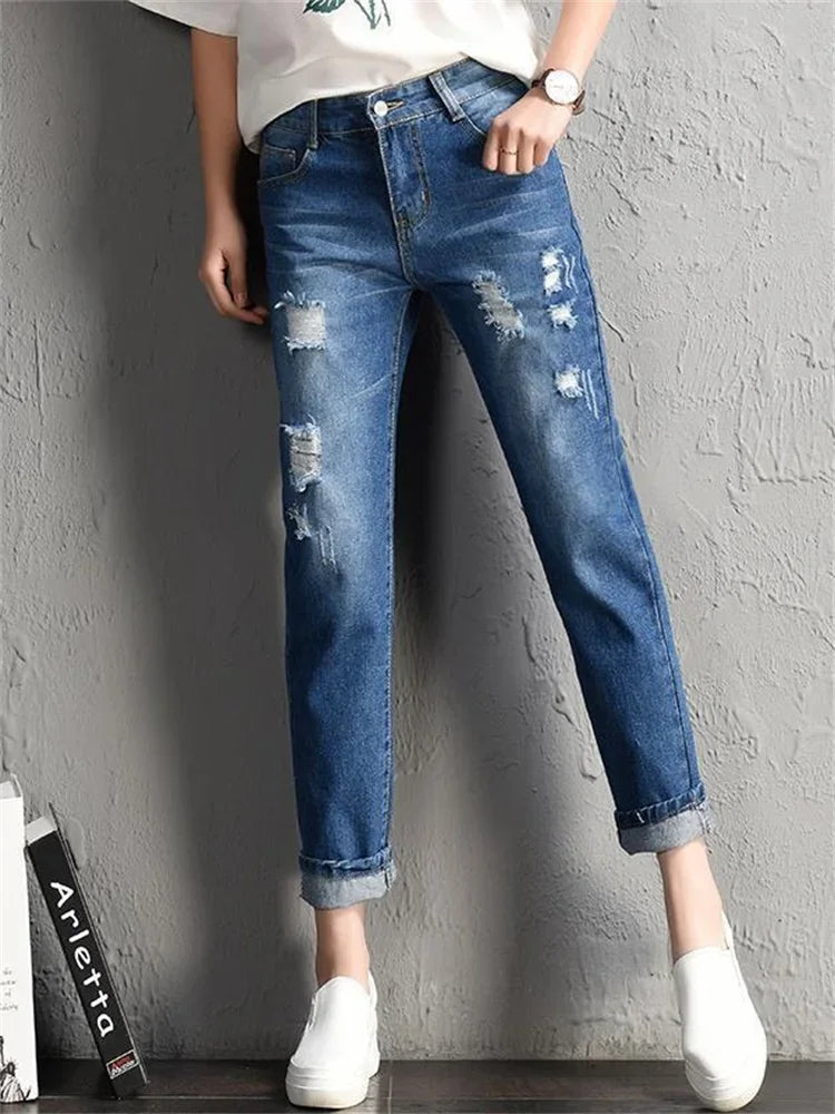 2025 Women jeans Clothing Mid Waist Boyfriend Big Ripped Hole Jeans Casual High Street Denim Pants woman Pencil Jeans y2k