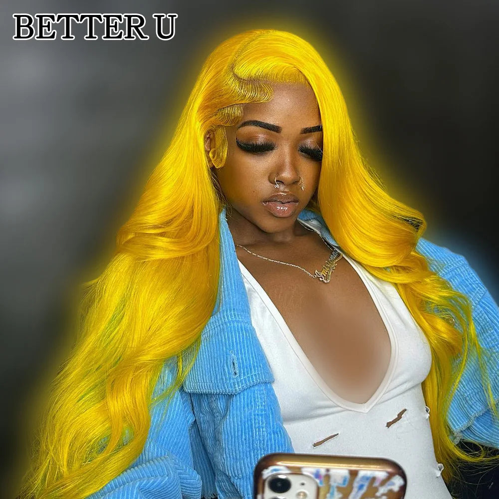 Yellow Colored Wig 13x4 Lace Front Human Hair Wigs Bright Lemon Yellow Body Wave Wig Transparent Lace Wigs For Women Human Hair