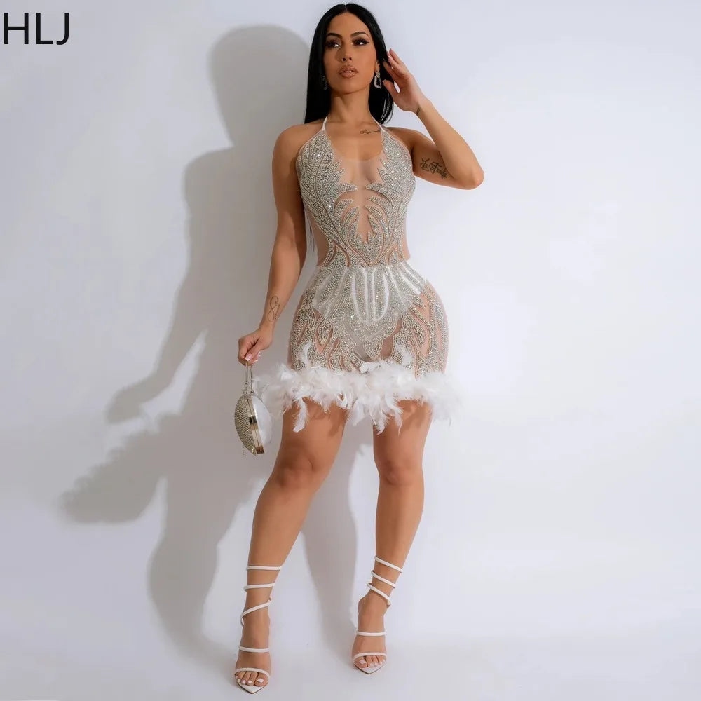 HLJ Fashion Perspective Sequin Halter Lace Up Bodycon Mini Dress Women Backless Sleeveless Feather Splicing Party Club Vestidos