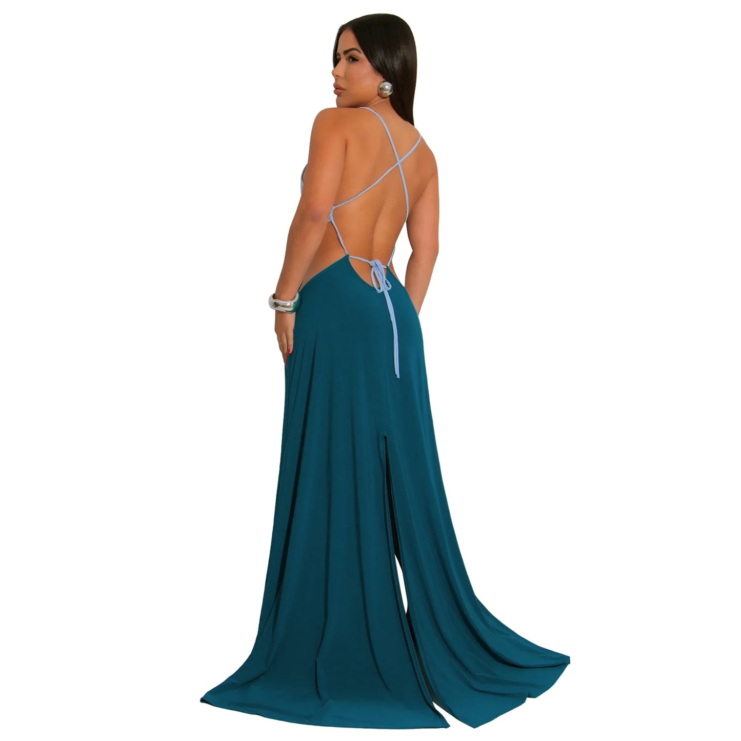 CM.YAYA Women Strap Backless Big Swing Split Maxi Long Dress 2025 Hollow Out Birthday Sexy Club Party Evening Dresses Vestidos