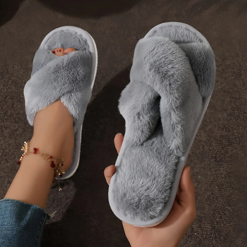 CrissCross Band Plush House Slippers for Women