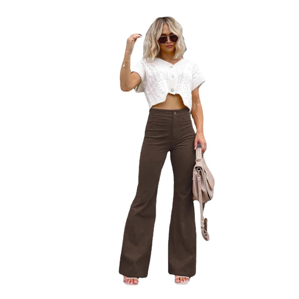 Women Pants Elegant Corduroy Autumn Winter Fashion Slim Casual Female New Solid Mid-waist Street Long Flare Clothing Lugentolo